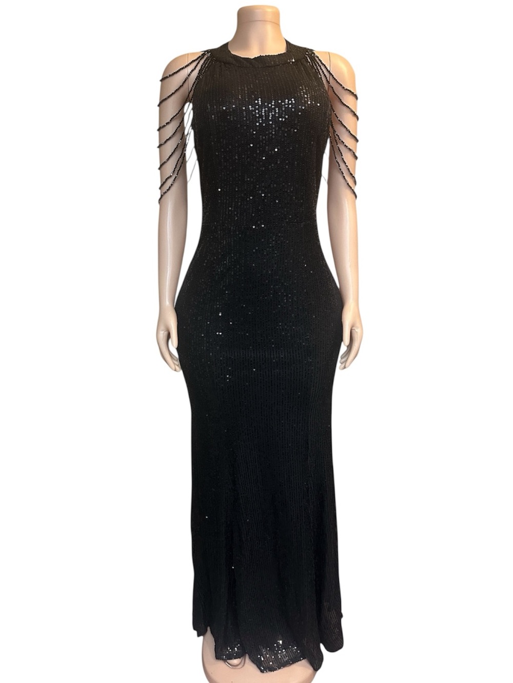 Black Sequin Cold-Shoulder Maxi Dress with Beaded Draping